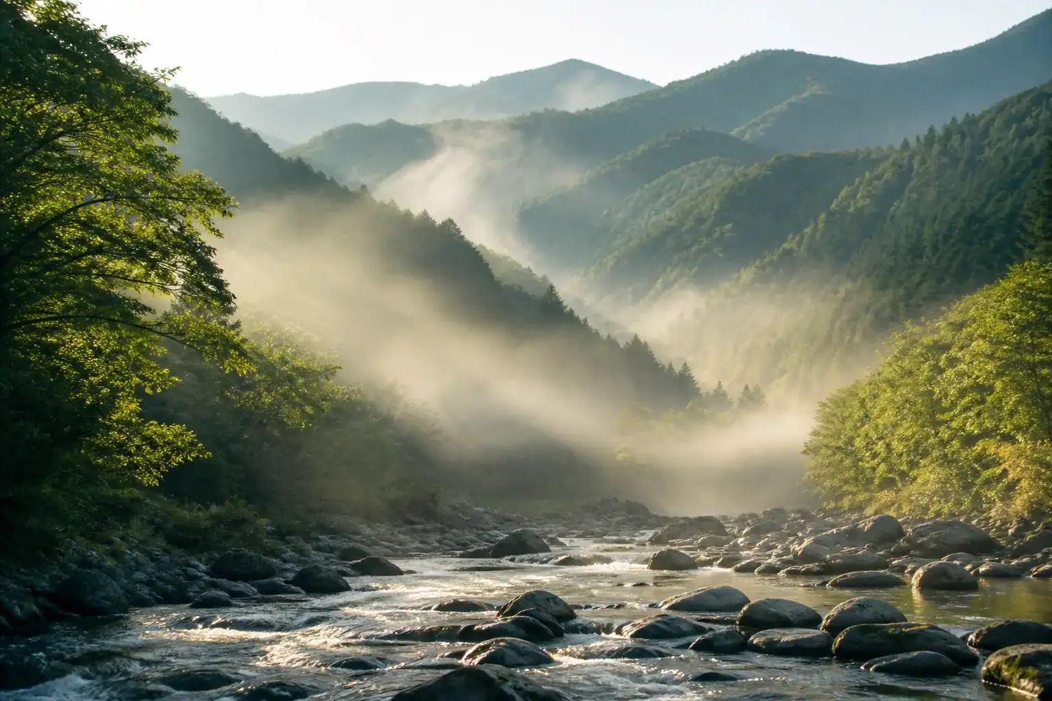 高知・嶺北の山あい。朝霧のかかる山並みと清流